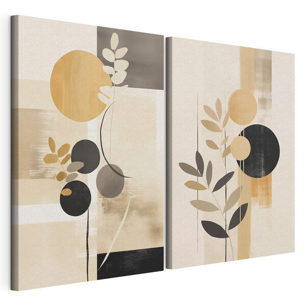 Impression sur toile modulaire Deux tableaux représentant des cercles et des feuilles