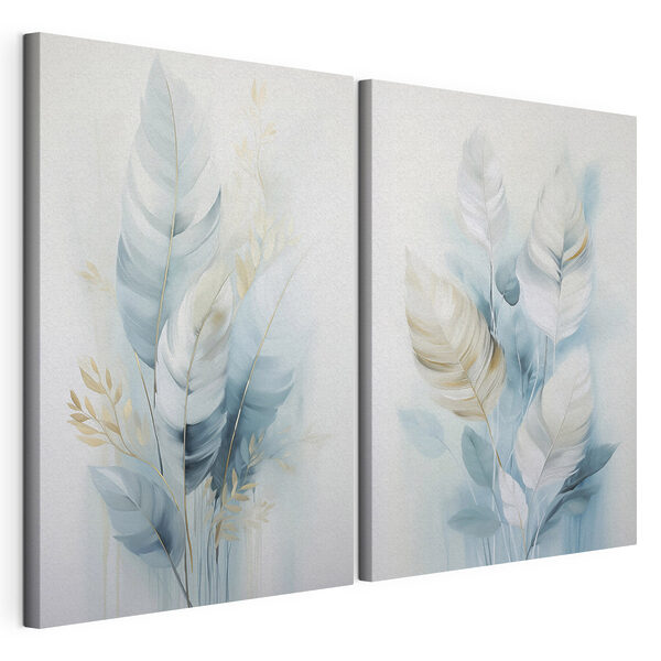 Peinture représentant des plumes et des feuilles Impression sur toile modulaire Peinture représentant des plumes et des feuilles