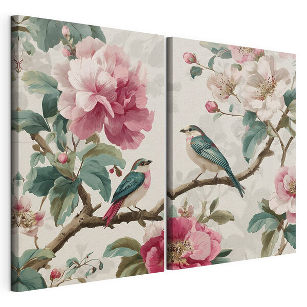 Deux oiseaux sur une branche fleurie Impression sur toile modulaire Deux oiseaux sur une branche fleurie