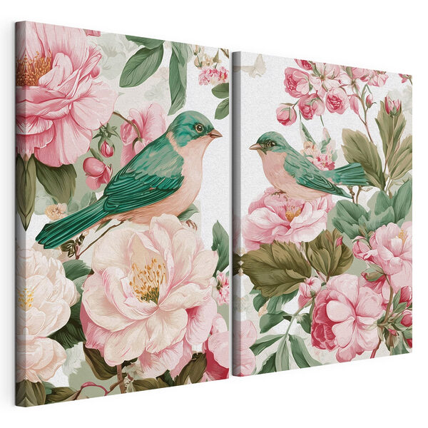 Deux oiseaux posés sur une fleur Impression sur toile modulaire Deux oiseaux posés sur une fleur
