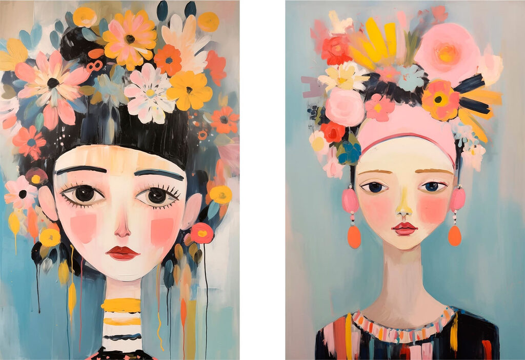 Two paintings of a woman with flowers Two paintings of a woman with flowers