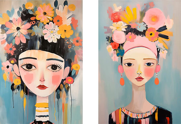 Two paintings of a woman with flowers Two paintings of a woman with flowers