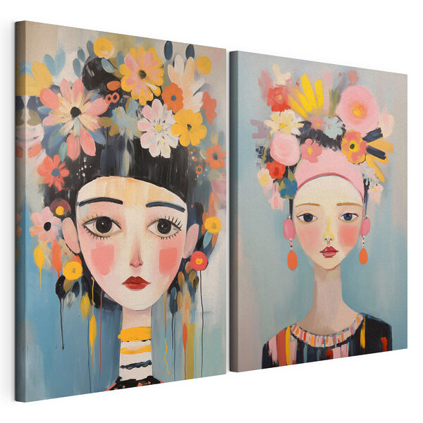 Deux tableaux représentant une femme avec des fleurs Impression sur toile modulaire Deux tableaux représentant une femme avec des fleurs