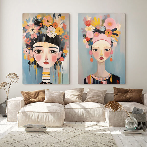 Two paintings of a woman with flowers Two paintings of a woman with flowers