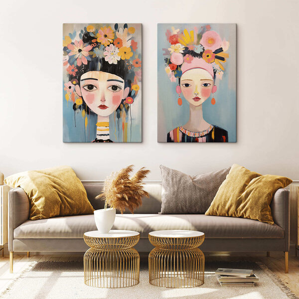Two paintings of a woman with flowers Two paintings of a woman with flowers