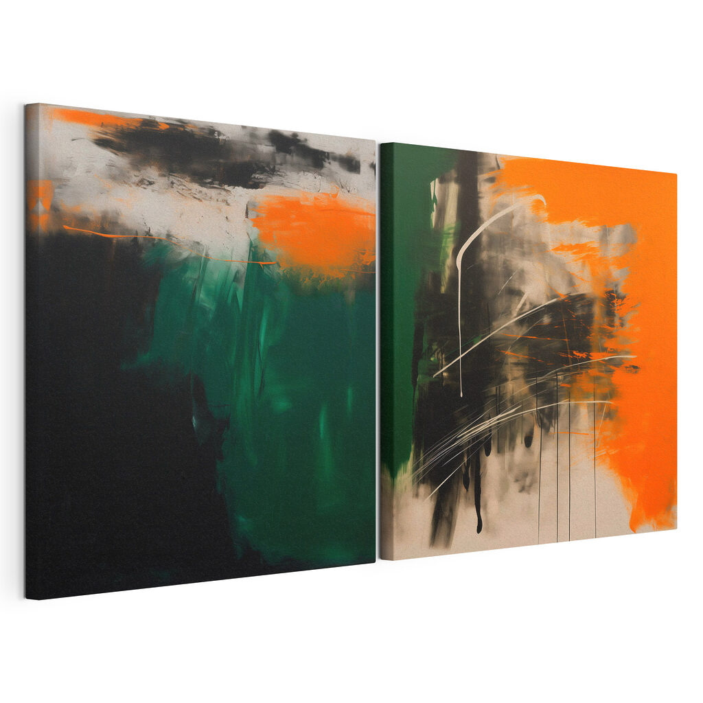 Two art pieces of orange and black Two art pieces of orange and black