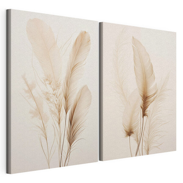 Des plumes délicates, disposées avec douceur les unes à côté des autres Impression sur toile modulaire Des plumes délicates, disposées avec douceur les unes à côté des autres