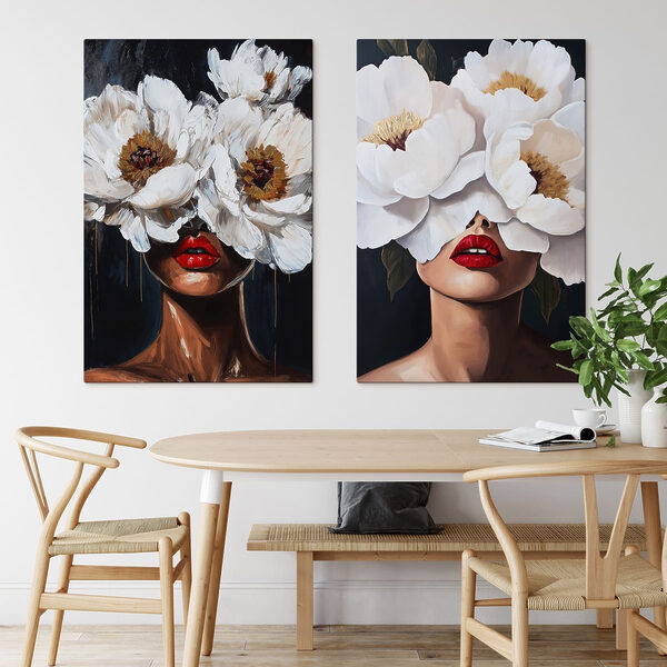 Painting of a woman with flowers over her eyes Painting of a woman with flowers over her eyes