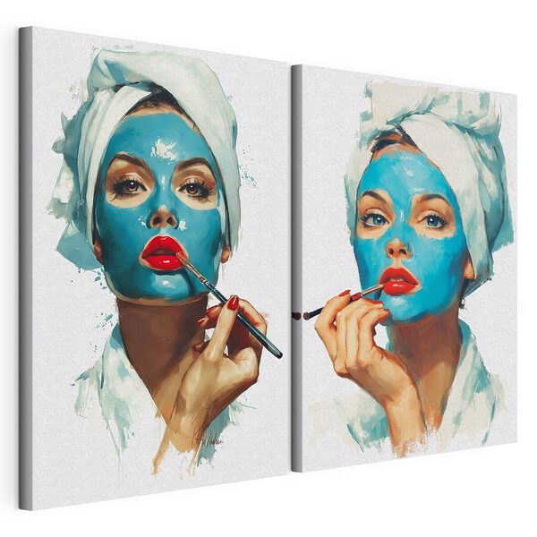 Collage représentant une femme en train d'appliquer un masque bleu Impression sur toile modulaire Collage représentant une femme en train d'appliquer un masque bleu