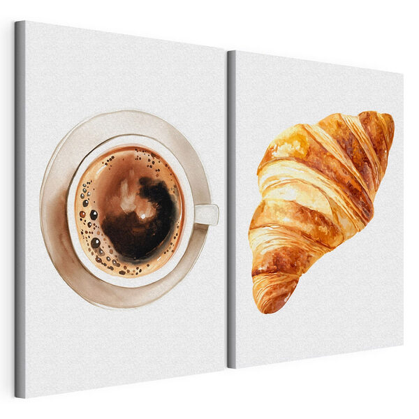 Un croissant et une tasse de café Impression sur toile modulaire Un croissant et une tasse de café