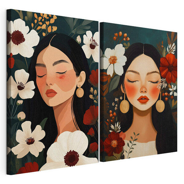 Des visages rêveurs au milieu de fleurs aux couleurs éclatantes Impression sur toile modulaire Des visages rêveurs au milieu de fleurs aux couleurs éclatantes