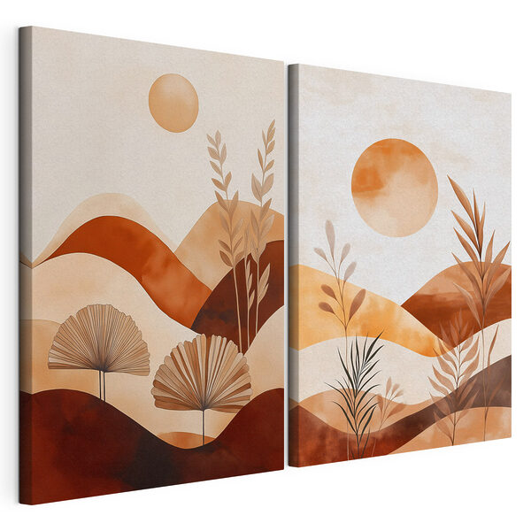 Impression sur toile modulaire Peinture représentant un paysage avec des plantes et le soleil