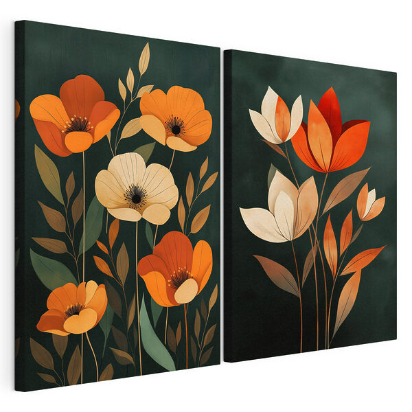 Peinture représentant des fleurs sur fond noir Impression sur toile modulaire Peinture représentant des fleurs sur fond noir