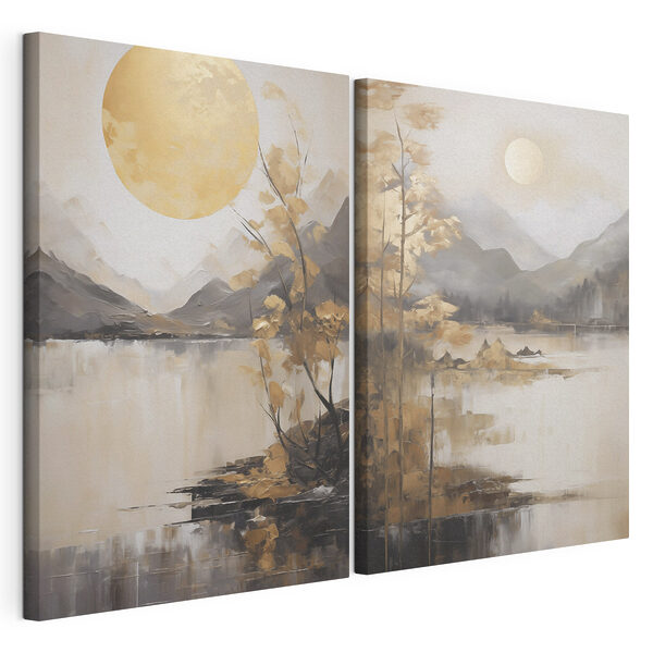 Peinture représentant un paysage avec la lune et des montagnes Impression sur toile modulaire Peinture représentant un paysage avec la lune et des montagnes