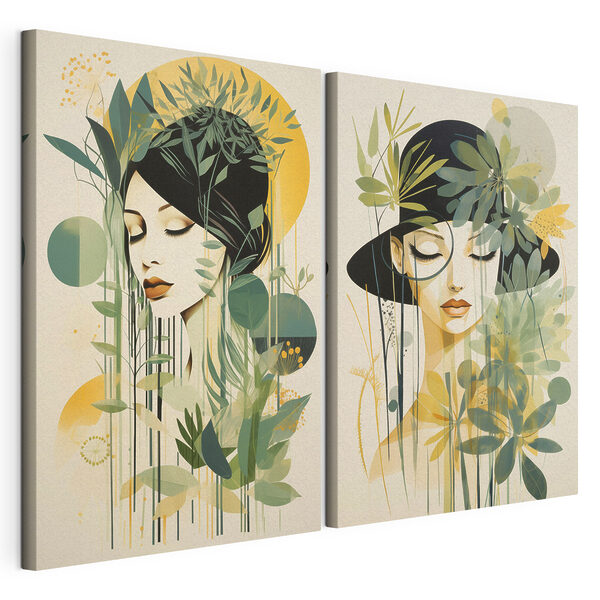 Deux photos d'une femme avec des feuilles Impression sur toile modulaire Deux photos d'une femme avec des feuilles