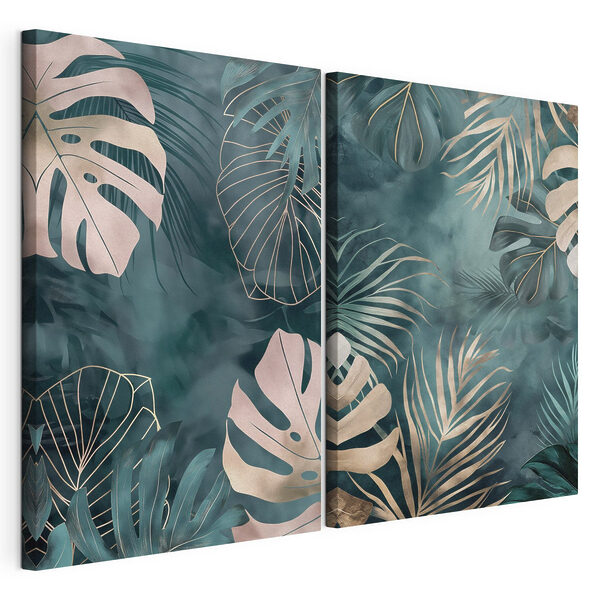 Une végétation luxuriante sur un fond aux couleurs vives Impression sur toile modulaire Une végétation luxuriante sur un fond aux couleurs vives