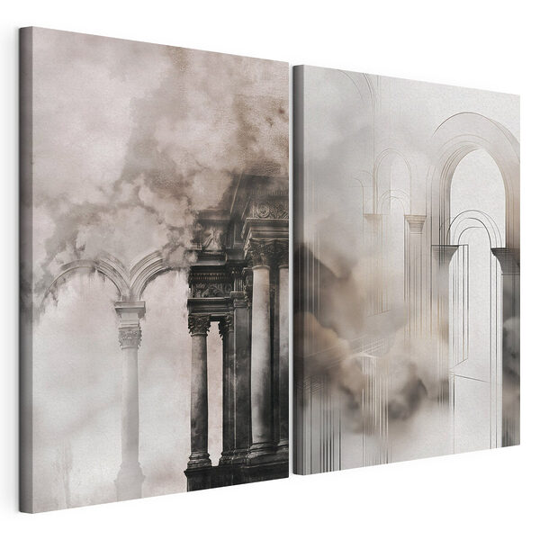 Collage représentant un bâtiment avec des colonnes et de la fumée Impression sur toile modulaire Collage représentant un bâtiment avec des colonnes et de la fumée