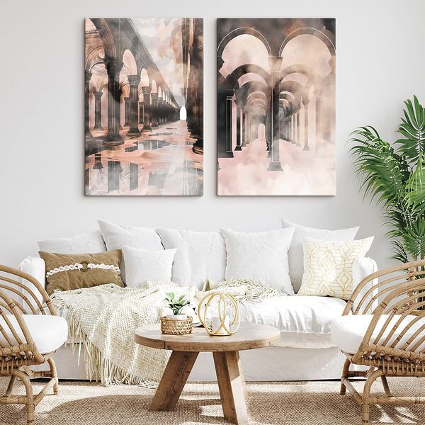 Collage of a hallway with columns and a puddle of water Collage of a hallway with columns and a puddle of water