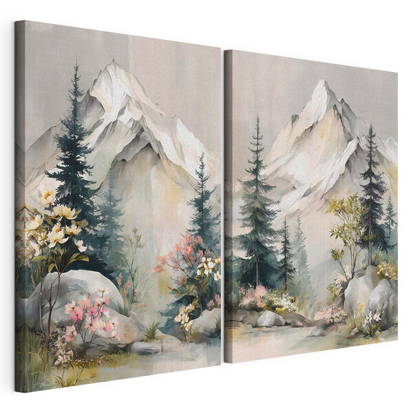 Peinture représentant des montagnes et des arbres Impression sur toile modulaire Peinture représentant des montagnes et des arbres