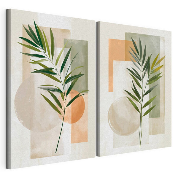 Impression sur toile modulaire Peinture représentant des feuilles et des carrés