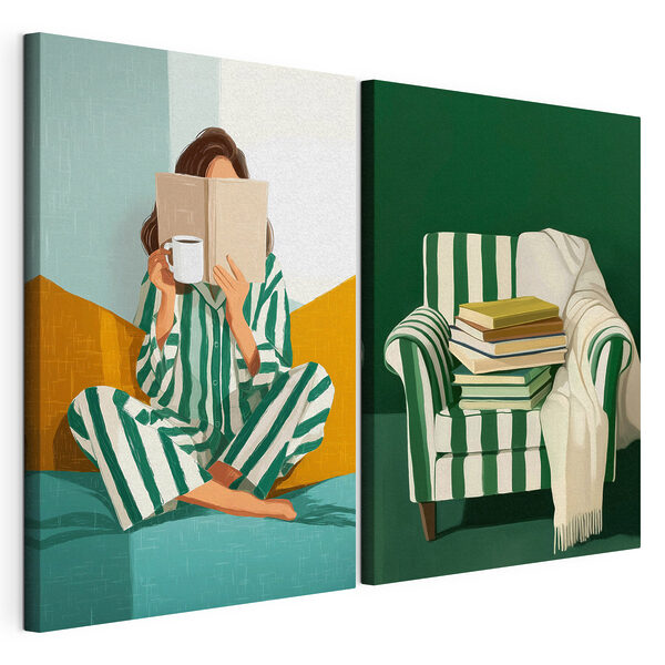 Une femme en pyjama en train de lire un livre, à côté d'une pile de livres Impression sur toile modulaire Une femme en pyjama en train de lire un livre, à côté d'une pile de livres