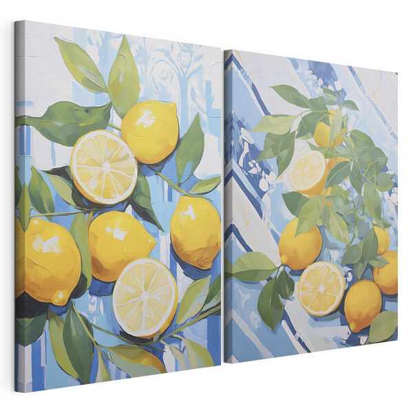Peinture représentant des citrons et des feuilles Impression sur toile modulaire Peinture représentant des citrons et des feuilles