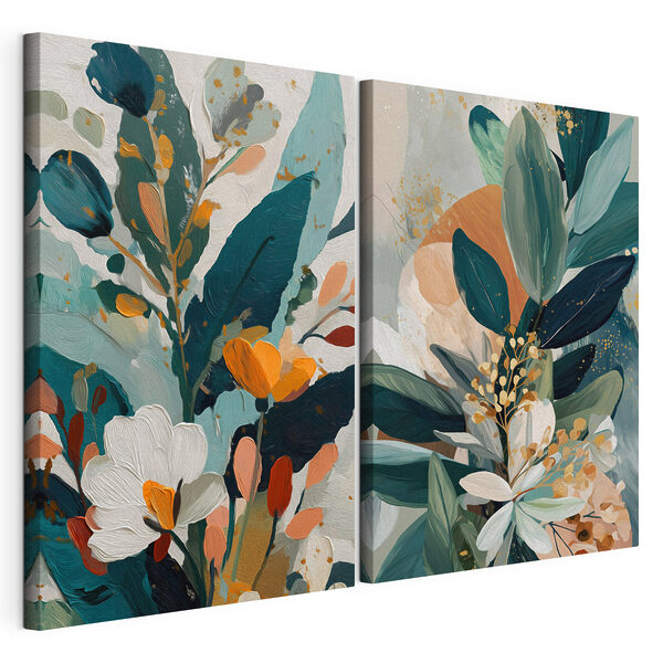 Peinture représentant des fleurs et des feuilles Impression sur toile modulaire Peinture représentant des fleurs et des feuilles