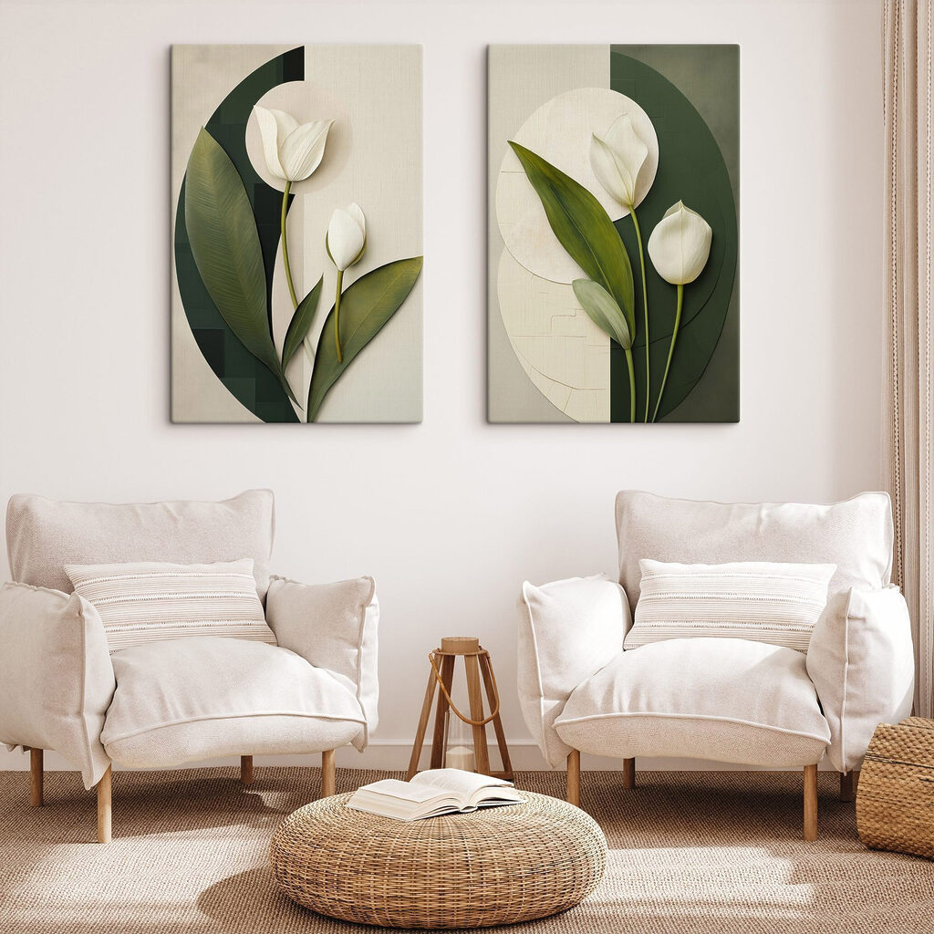 Collage of white flowers and green leaves Collage of white flowers and green leaves