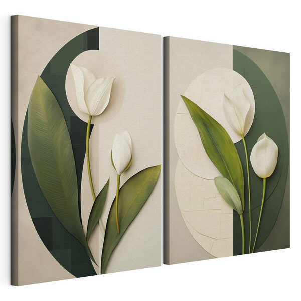 Collage de fleurs blanches et de feuilles vertes Impression sur toile modulaire Collage de fleurs blanches et de feuilles vertes