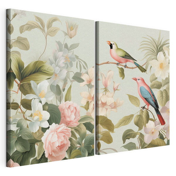 Deux oiseaux sur une branche fleurie Impression sur toile modulaire Deux oiseaux sur une branche fleurie