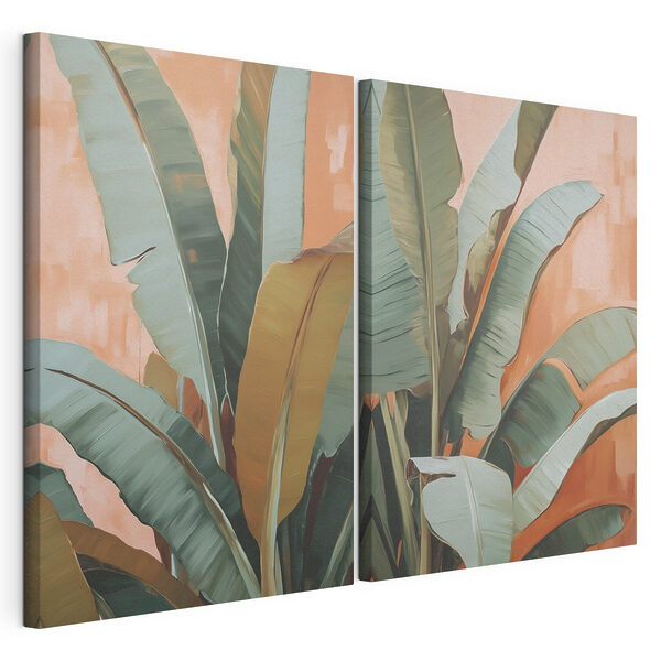 Des feuilles d'un vert éclatant sur un fond aux teintes chaudes Impression sur toile modulaire Des feuilles d'un vert éclatant sur un fond aux teintes chaudes