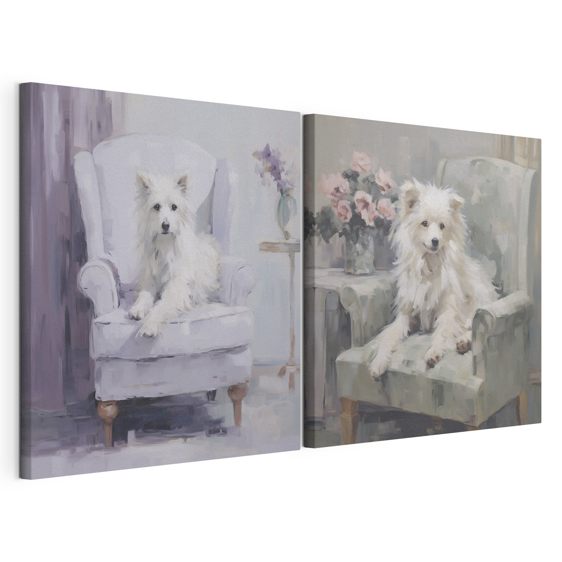 Painting of a dog sitting on a chair Painting of a dog sitting on a chair