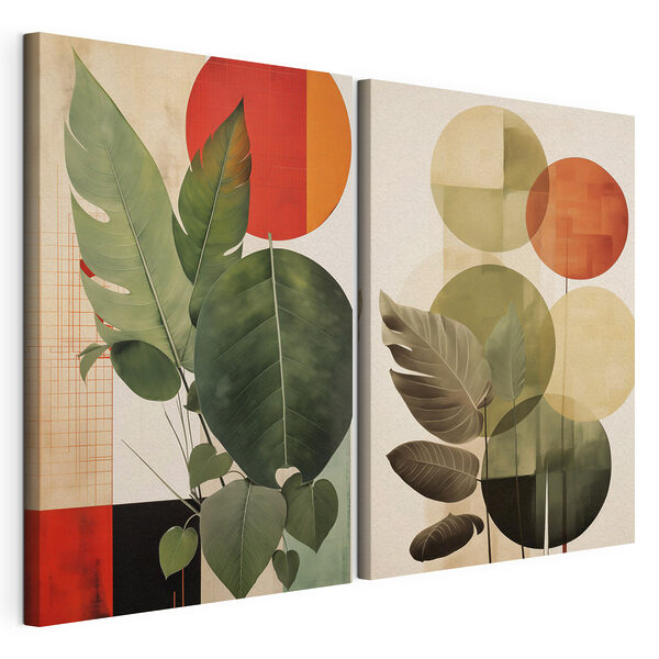 Impression sur toile modulaire Deux images représentant des feuilles et des cercles