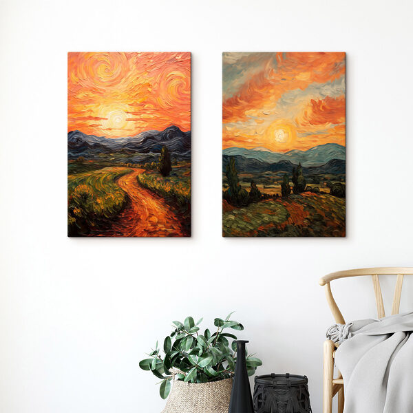 Painting of a road and mountains Painting of a road and mountains