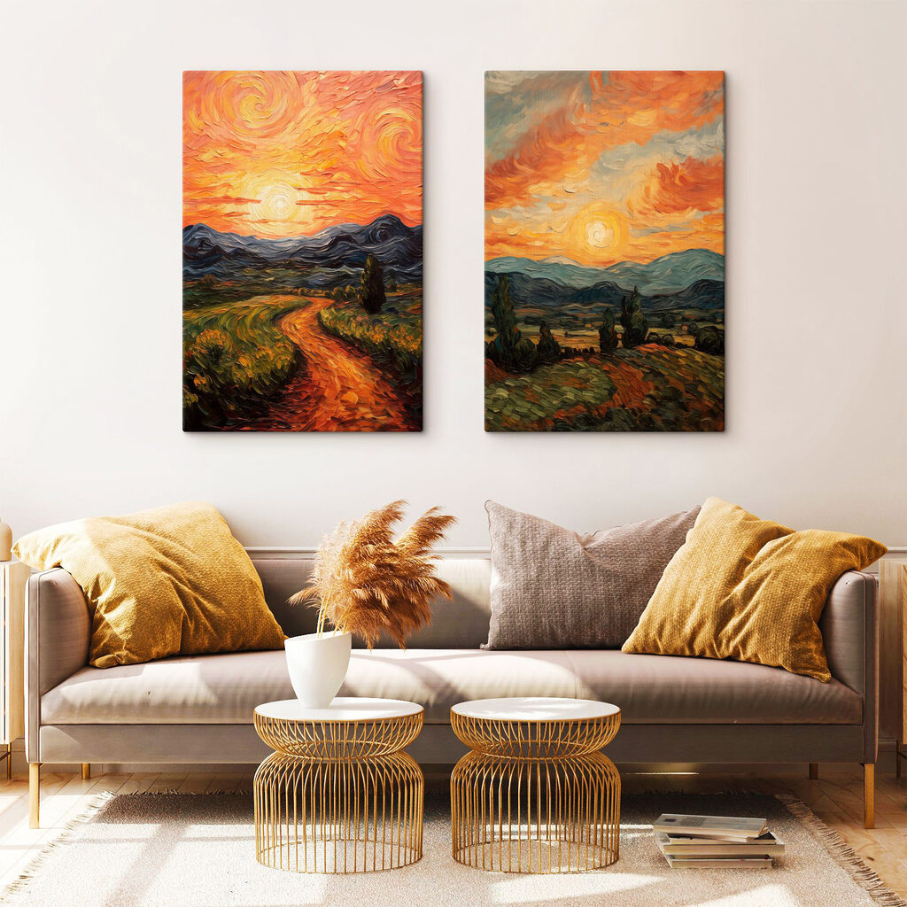 Painting of a road and mountains Painting of a road and mountains