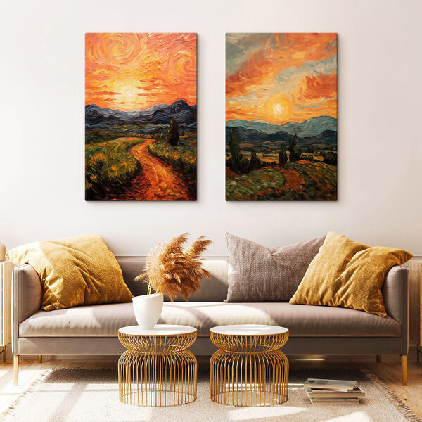 Painting of a road and mountains Painting of a road and mountains