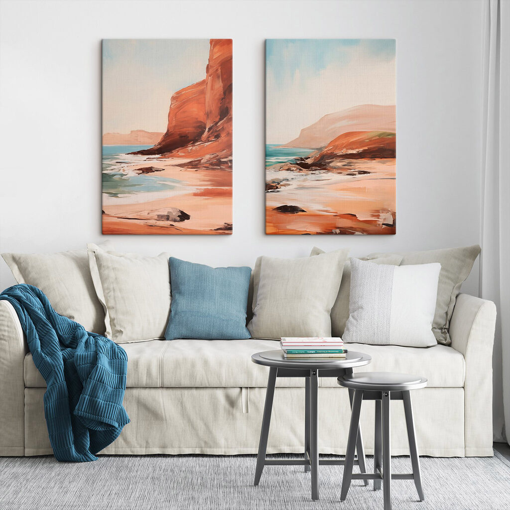 Painting of a beach and a rocky cliff Painting of a beach and a rocky cliff