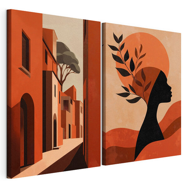 Une femme coiffée d'un chapeau, dans une rue bordée d'immeubles Impression sur toile modulaire Une femme coiffée d'un chapeau, dans une rue bordée d'immeubles