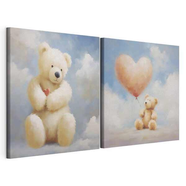 Impression sur toile modulaire Deux photos d'un ours en peluche tenant un ballon
