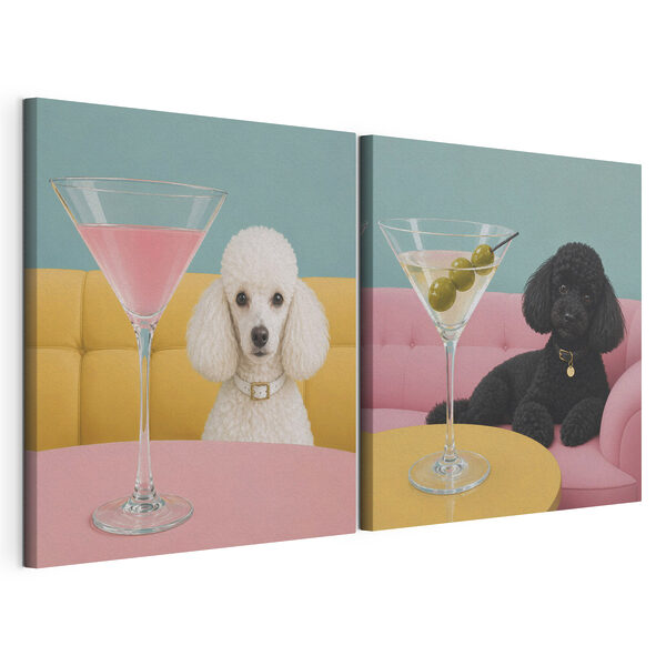 Un chien assis à une table avec un verre à martini Impression sur toile modulaire Un chien assis à une table avec un verre à martini