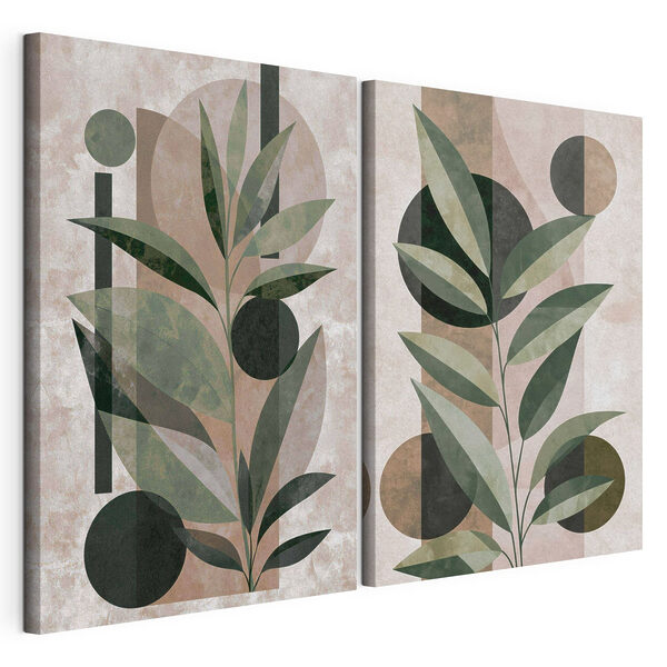 Impression sur toile modulaire - Des feuilles élégantes entrelacées avec des formes géométriques