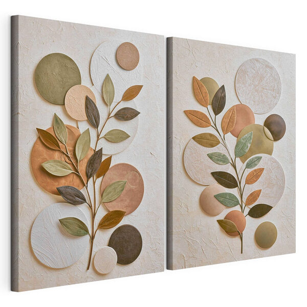 Collage représentant une plante avec des feuilles et des cercles Impression sur toile modulaire Collage représentant une plante avec des feuilles et des cercles