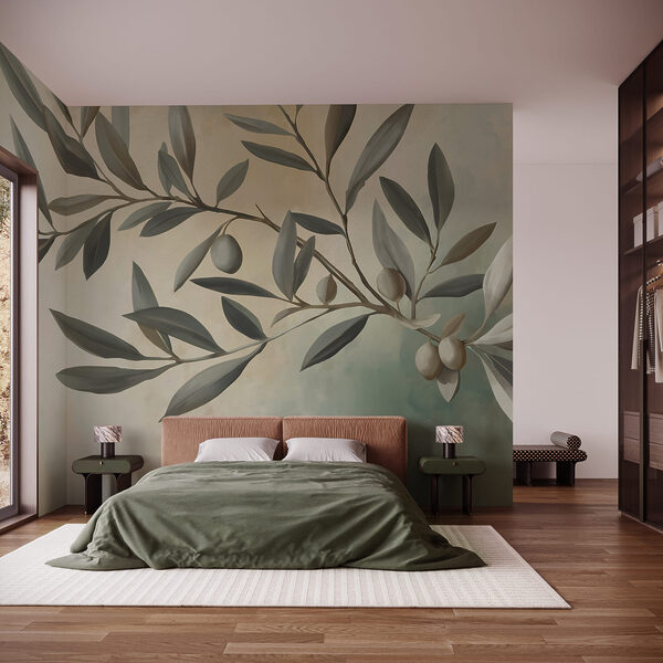 Peinture représentant une branche avec des feuilles et des fruits