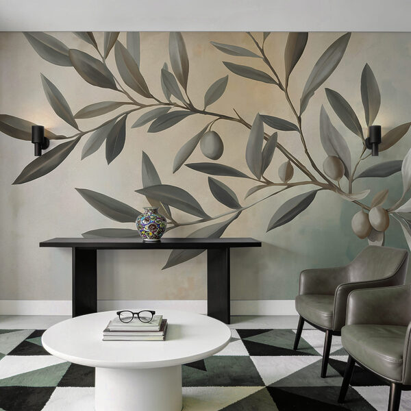 Peinture représentant une branche avec des feuilles et des fruits