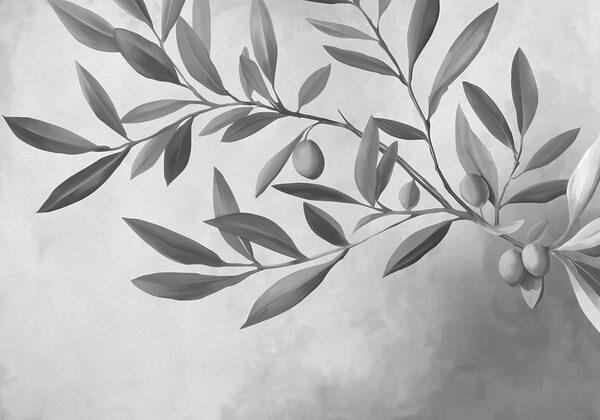 Black and white image of a branch with leaves and fruits