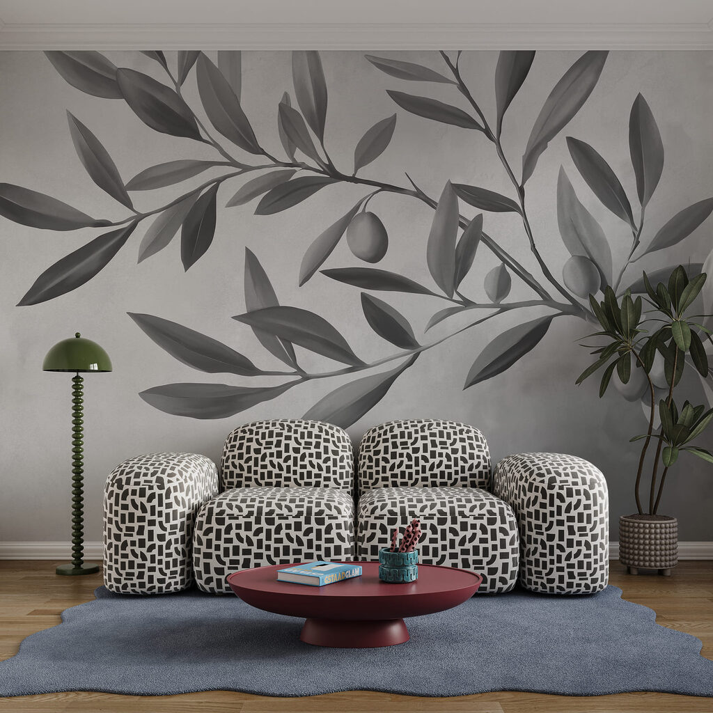 Image en noir et blanc d'une branche avec des feuilles et des fruits