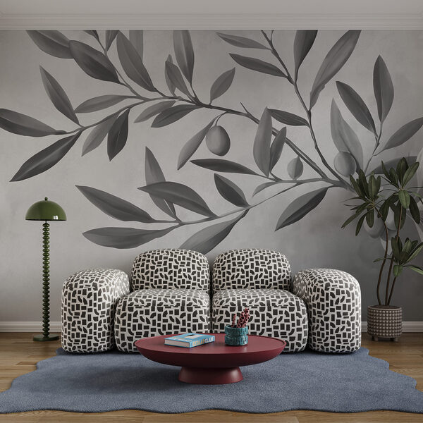 Image en noir et blanc d'une branche avec des feuilles et des fruits