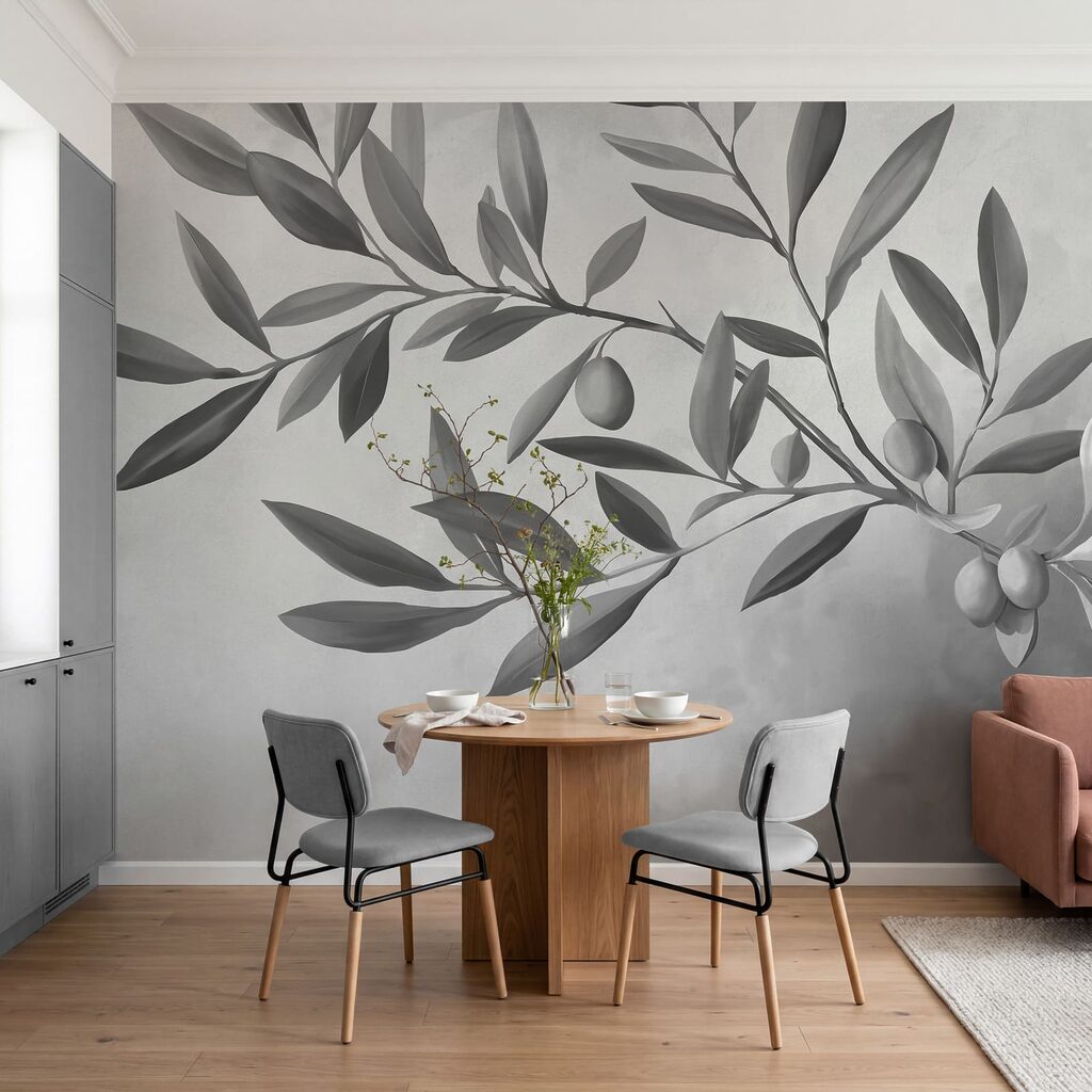 Image en noir et blanc d'une branche avec des feuilles et des fruits