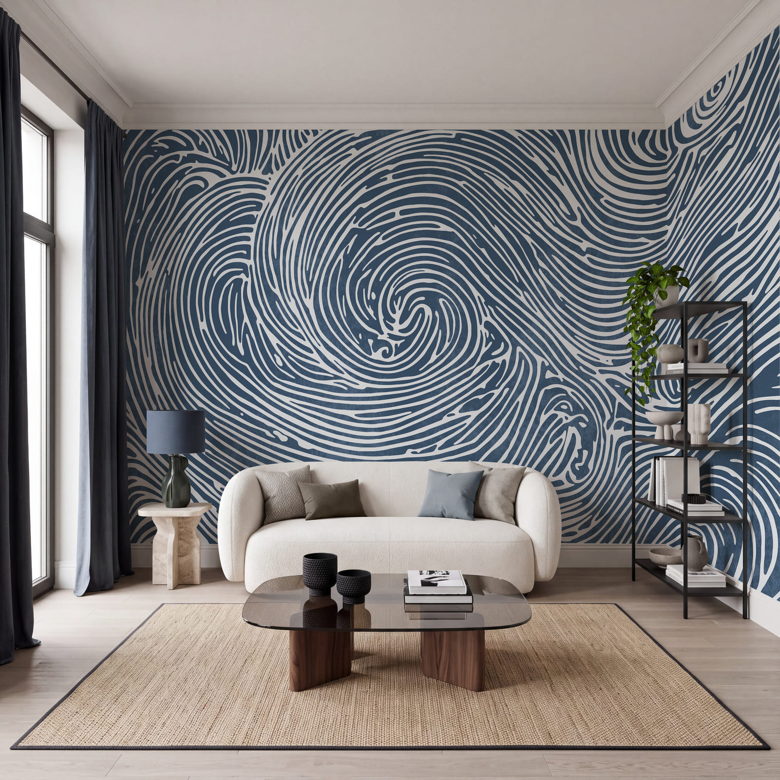 Motif à volutes bleu et blanc