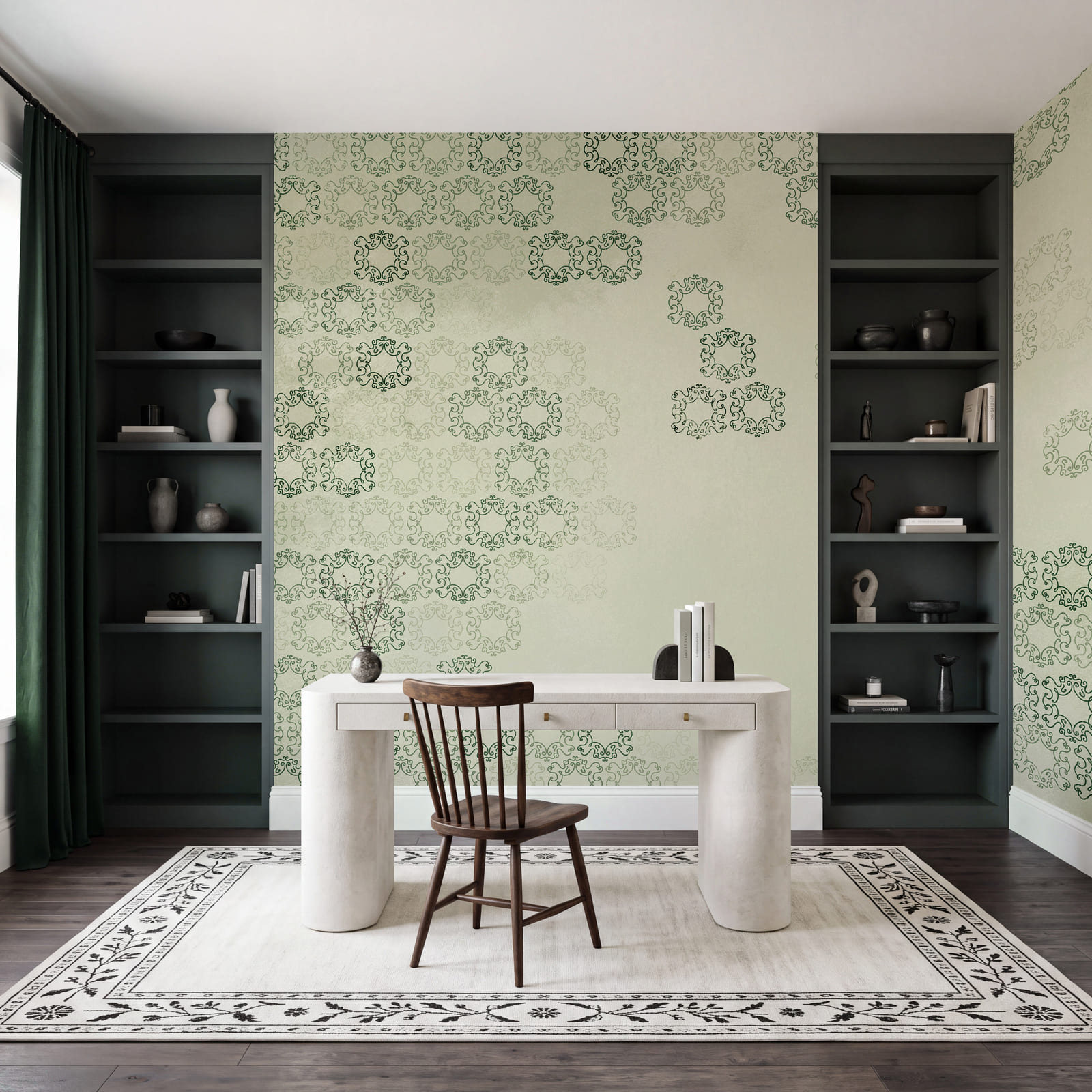 Fond blanc avec un motif noir et vert